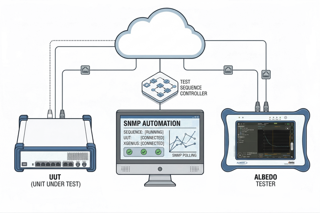 A network diagram showing a Test Sequence Controller connected to a controlling a UUT (Unit Under Test) network device and an ALBEDO Tester